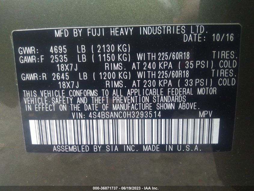 2017 SUBARU OUTBACK 2.5I LIMITED - 4S4BSANC0H3293514