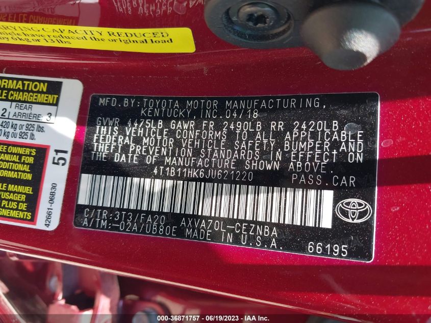 2018 TOYOTA CAMRY LE/SE/XLE/L - 4T1B11HK6JU621220
