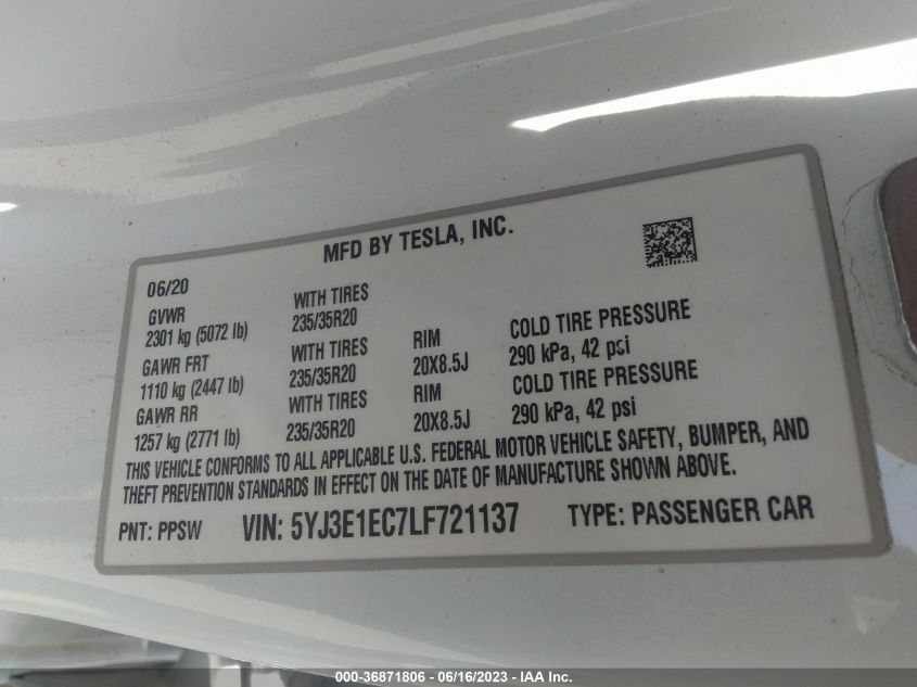 2020 TESLA MODEL 3 PERFORMANCE - 5YJ3E1EC7LF721137