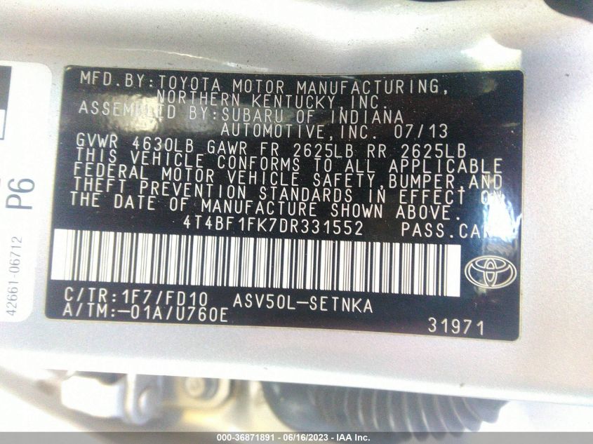 2013 TOYOTA CAMRY L/LE/SE/XLE - 4T4BF1FK7DR331552