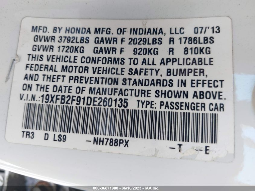 2013 HONDA CIVIC SDN EX-L - 19XFB2F91DE260135
