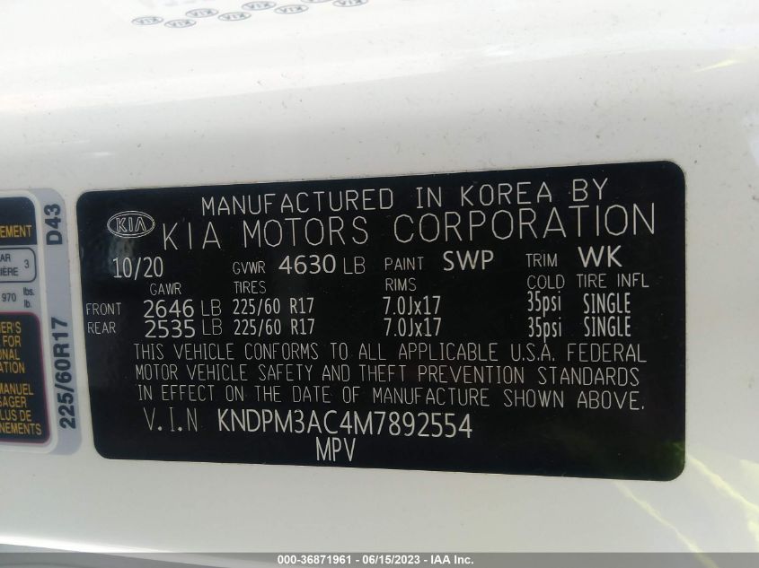 2021 KIA SPORTAGE LX - KNDPM3AC4M7892554