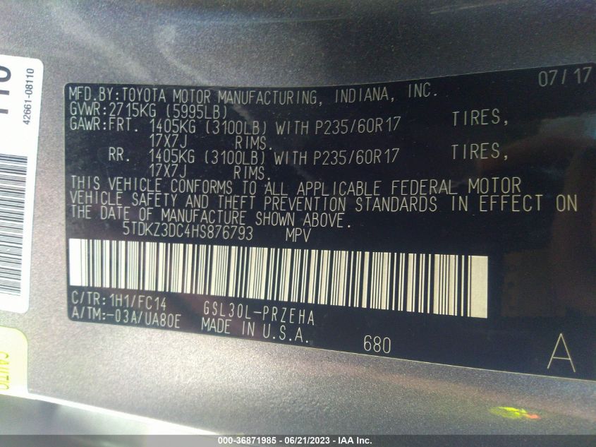 2017 TOYOTA SIENNA LE - 5TDKZ3DC4HS876793