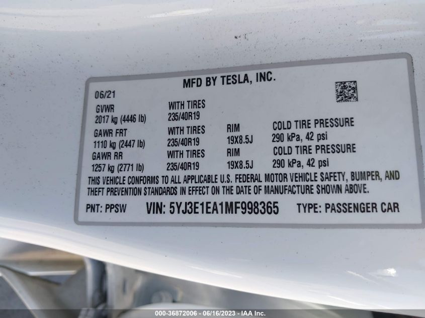 2021 TESLA MODEL 3 STANDARD RANGE PLUS - 5YJ3E1EA1MF998365