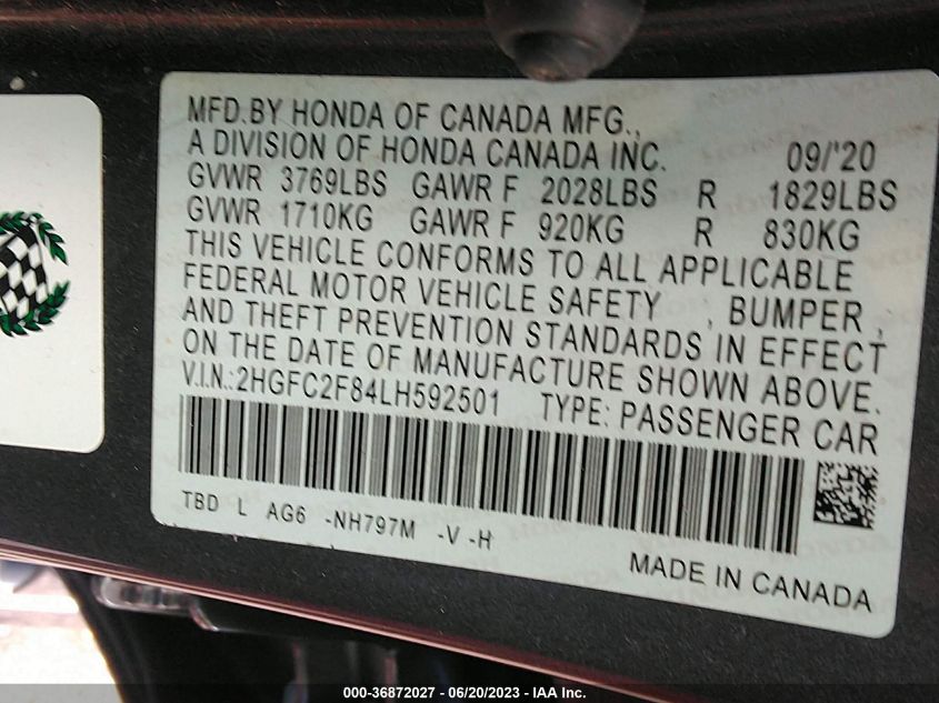 2020 HONDA CIVIC SEDAN SPORT - 2HGFC2F84LH592501