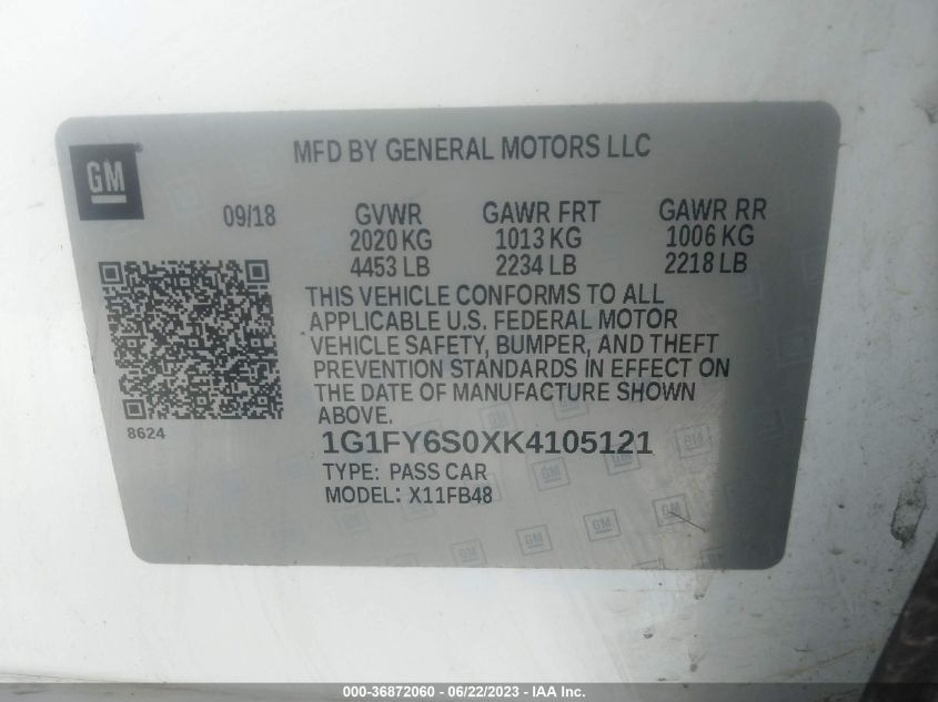 2019 CHEVROLET BOLT EV LT - 1G1FY6S0XK4105121