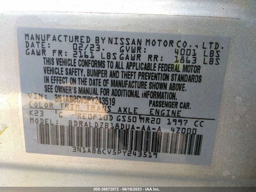 2023 NISSAN SENTRA SV - 3N1AB8CV5PY243519