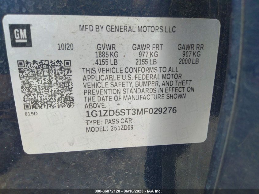 2021 CHEVROLET MALIBU LT - 1G1ZD5ST3MF029276