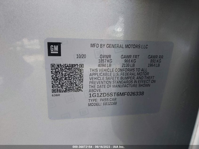 2021 CHEVROLET MALIBU LT - 1G1ZD5ST6MF026338