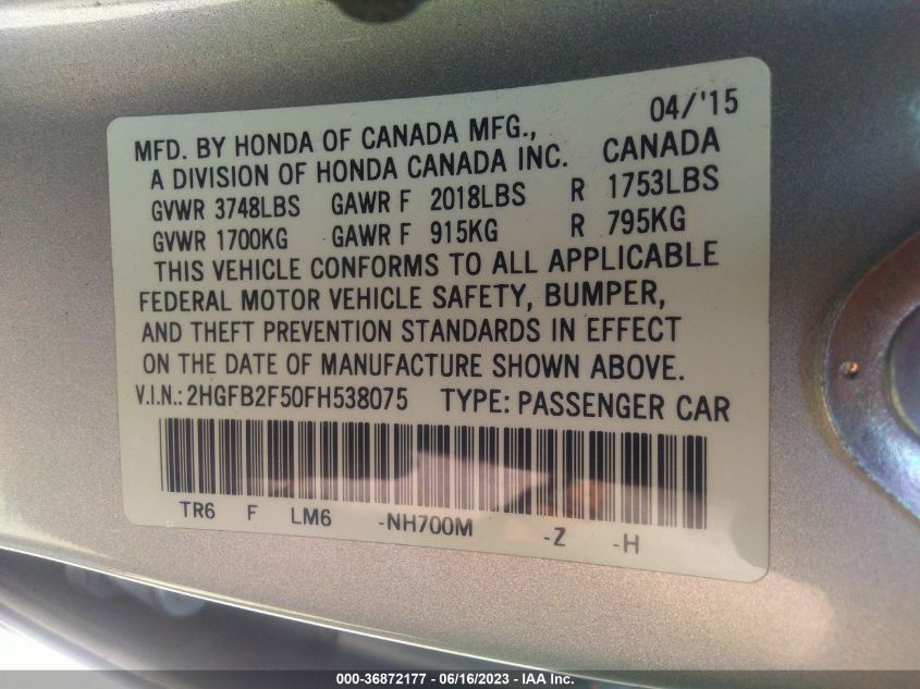 2015 HONDA CIVIC SEDAN LX - 2HGFB2F50FH538075