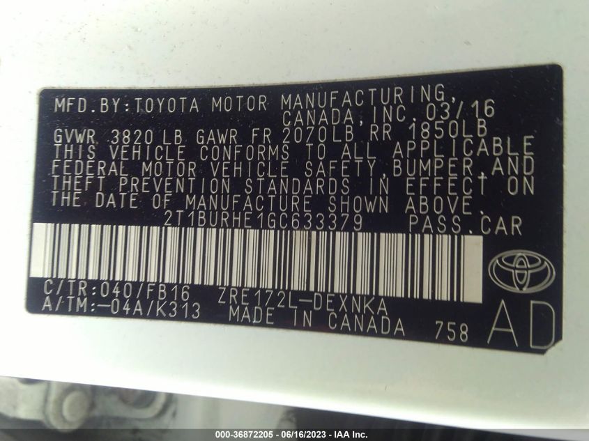 2016 TOYOTA COROLLA L/LE/S/S PLUS/LE PLUS - 2T1BURHE1GC633379