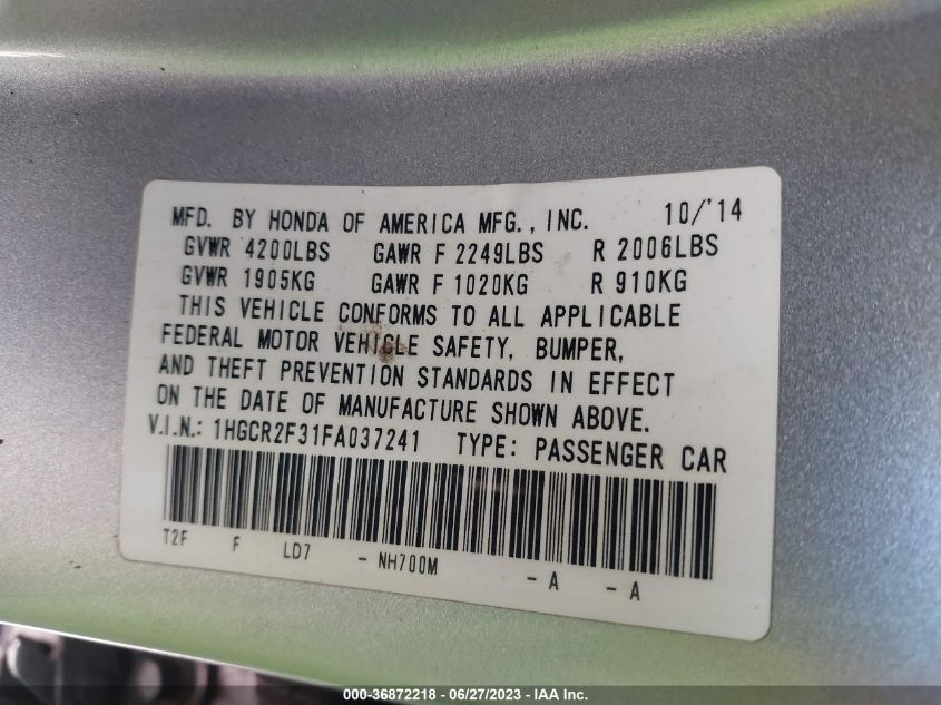 2015 HONDA ACCORD SEDAN LX - 1HGCR2F31FA037241