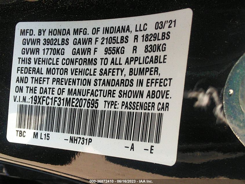 19XFC1F31ME207695 Honda Civic Sedan EX 9