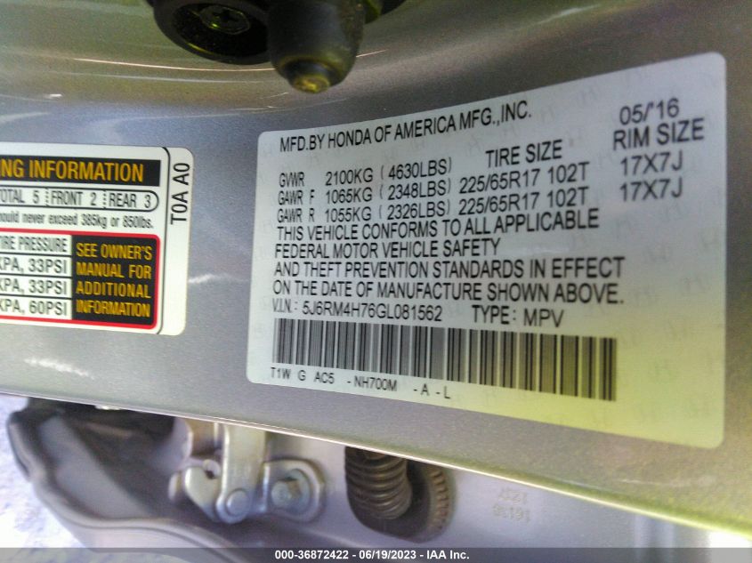 2016 HONDA CR-V EX-L - 5J6RM4H76GL081562
