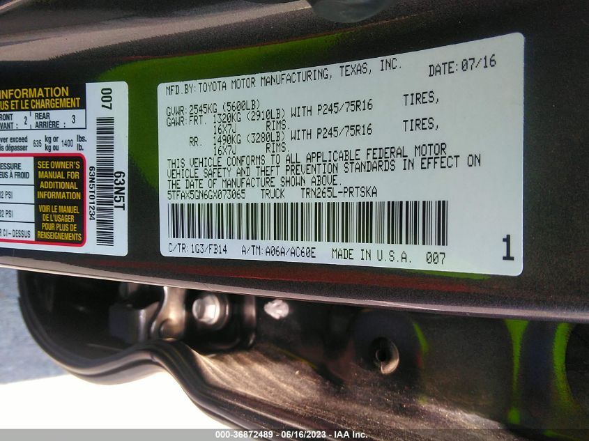 2016 TOYOTA TACOMA SR5/SR - 5TFAX5GN6GX073065