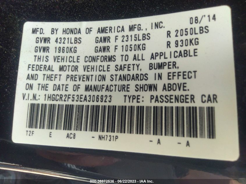 2014 HONDA ACCORD SEDAN SPORT - 1HGCR2F53EA306923