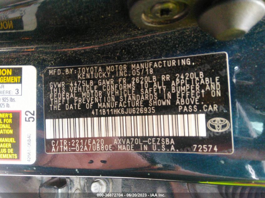 2018 TOYOTA CAMRY LE/SE/XLE/L - 4T1B11HK6JU626935