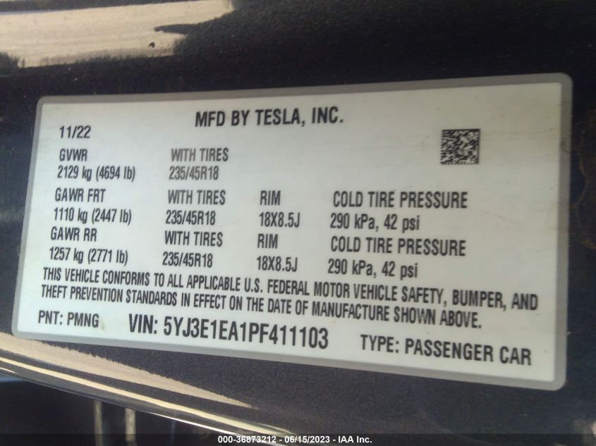 2023 TESLA MODEL 3 - 5YJ3E1EA1PF411103
