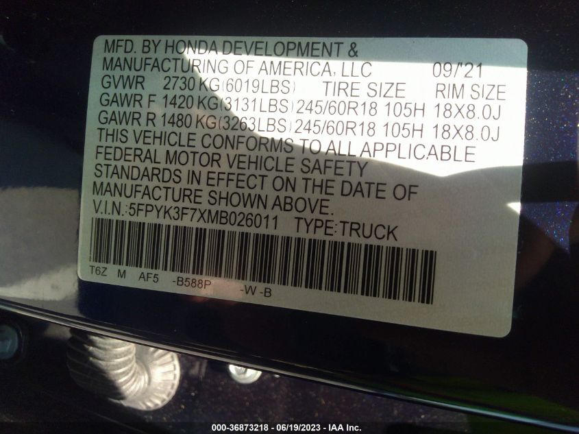 2021 HONDA RIDGELINE RTL-E - 5FPYK3F7XMB026011