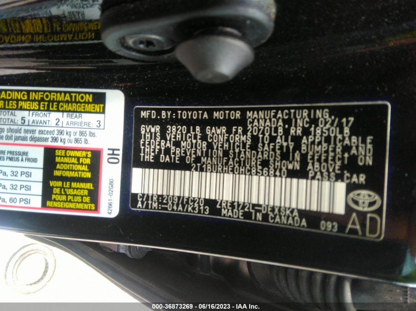 2017 TOYOTA COROLLA L/LE/XLE/SE - 2T1BURHE0HC856840