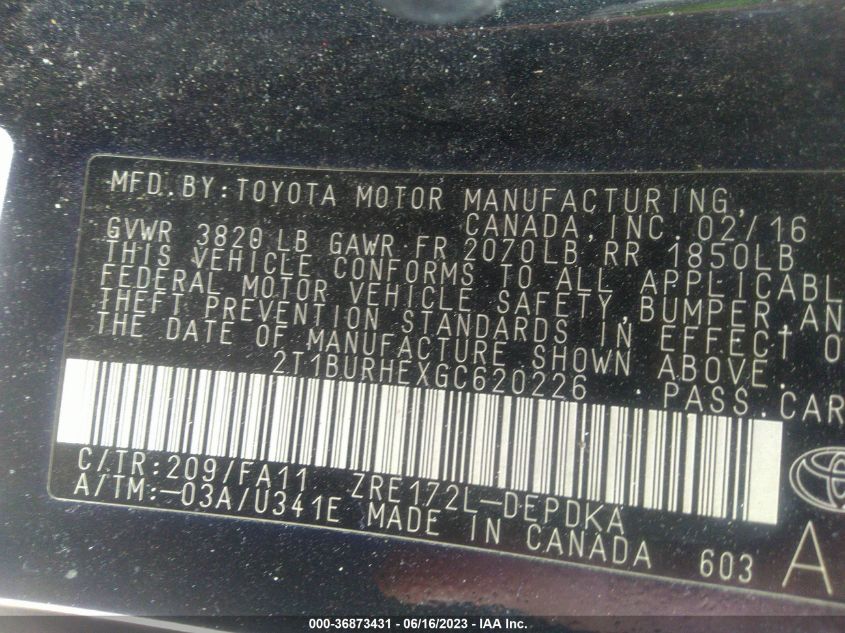2016 TOYOTA COROLLA L/LE/S/S PLUS/LE PLUS - 2T1BURHEXGC620226