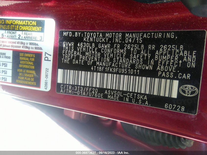 2015 TOYOTA CAMRY XLE/SE/LE/XSE - 4T1BF1FK9FU951011
