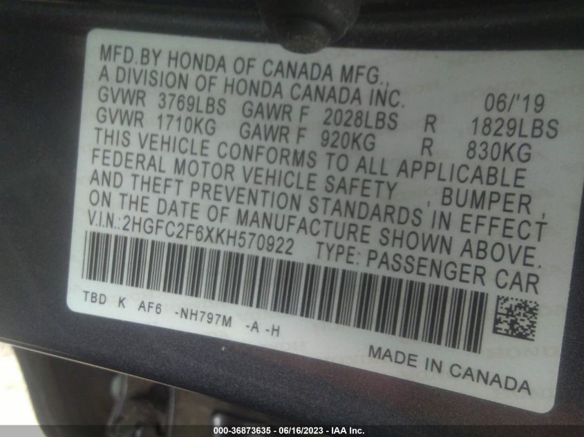 2019 HONDA CIVIC SEDAN LX - 2HGFC2F6XKH570922