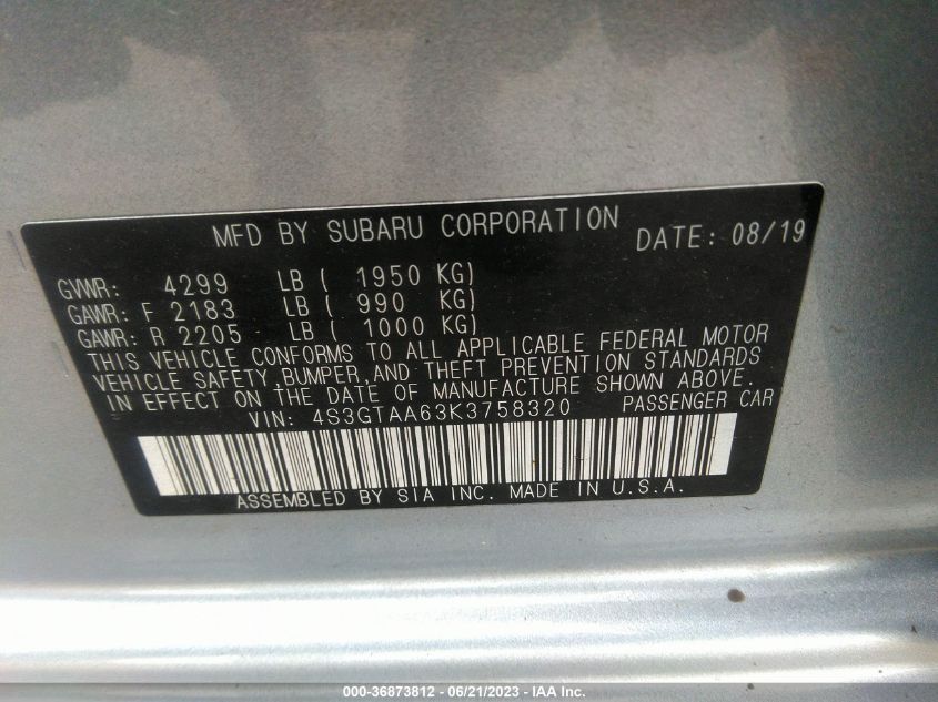 2019 SUBARU IMPREZA - 4S3GTAA63K3758320