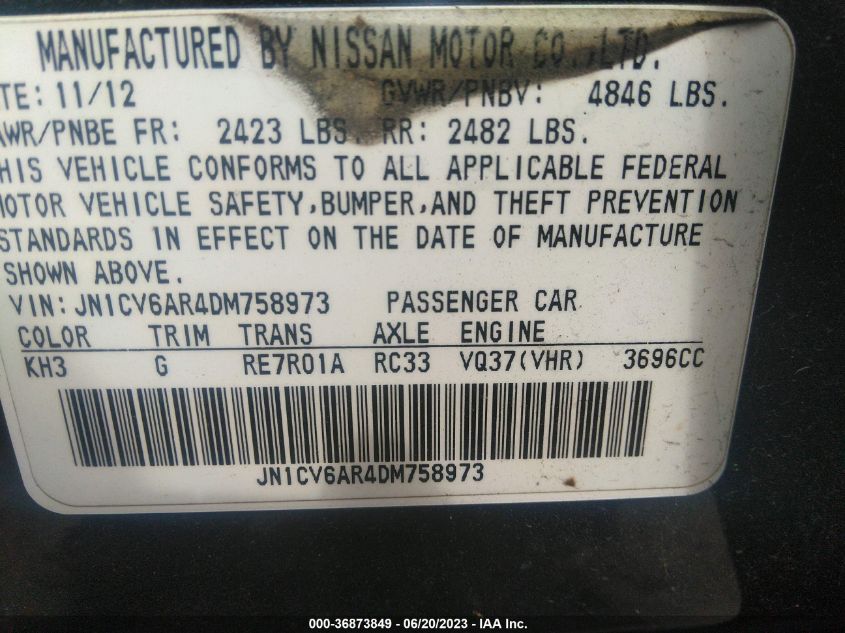 2013 INFINITI G37 SEDAN X - JN1CV6AR4DM758973