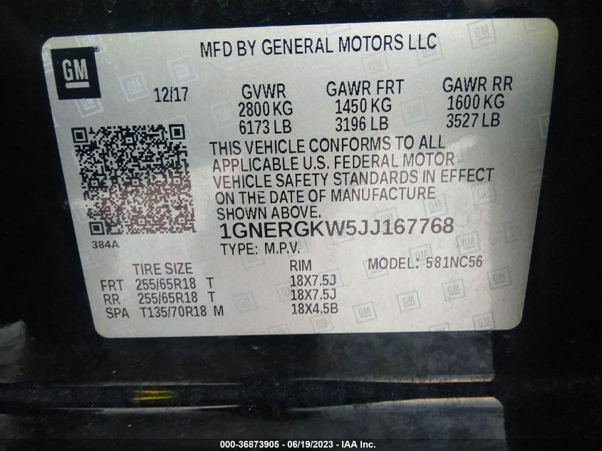 2018 CHEVROLET TRAVERSE LT CLOTH - 1GNERGKW5JJ167768