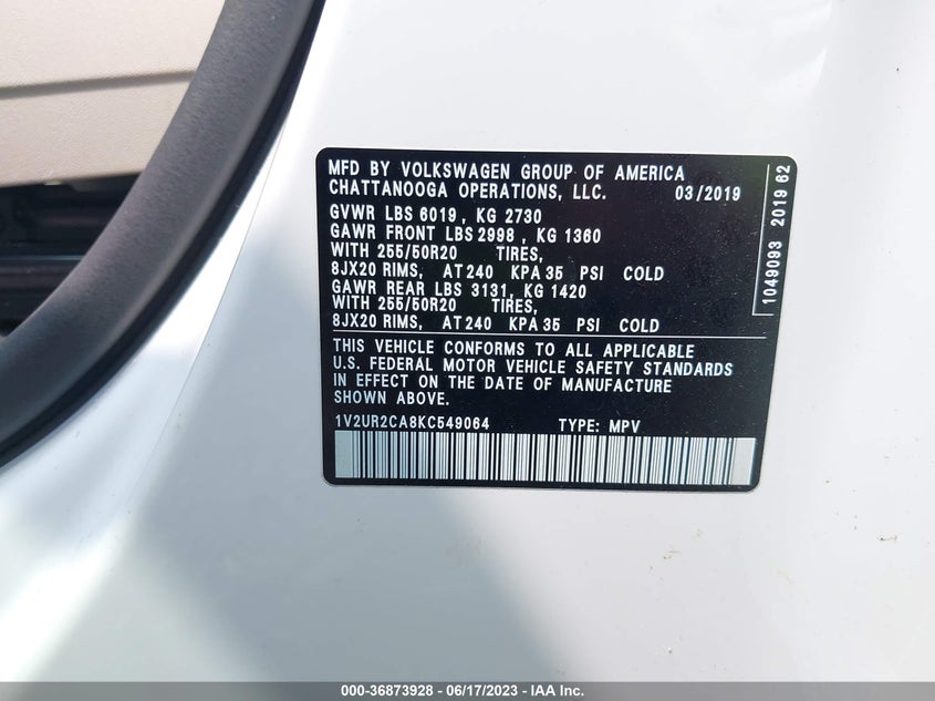 VIN 1V2UR2CA8KC549064 2019 VOLKSWAGEN ATLAS 3.6L V6 SE W/TECHNOLOGY