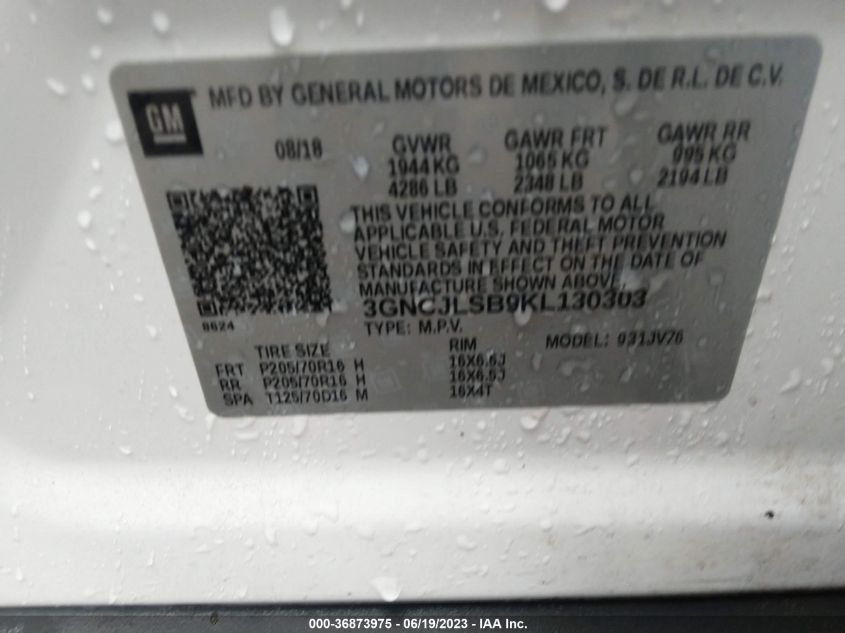 2019 CHEVROLET TRAX LT - 3GNCJLSB9KL130303