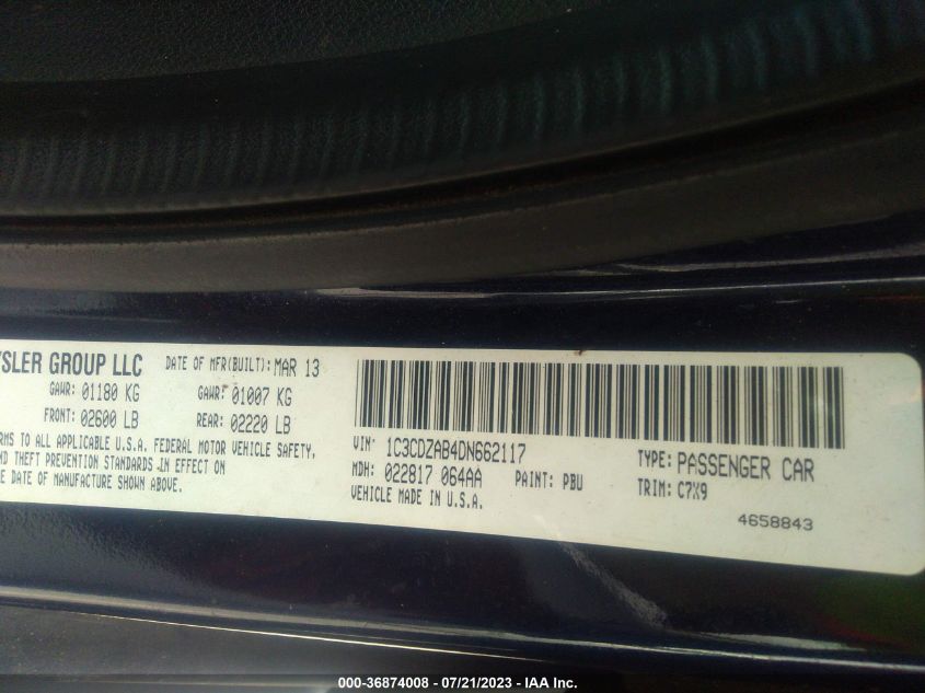 2013 DODGE AVENGER SE - 1C3CDZAB4DN662117