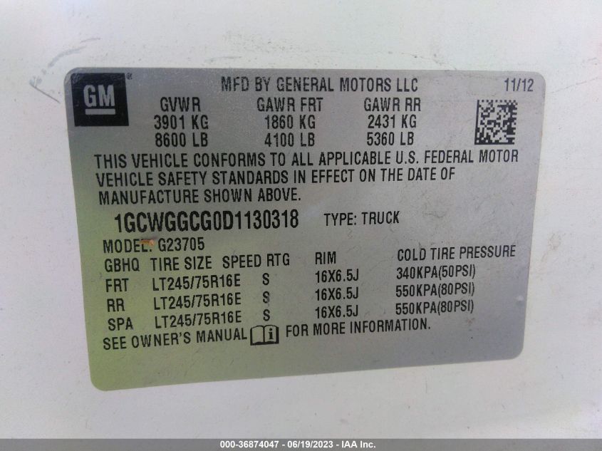 2013 CHEVROLET EXPRESS CARGO VAN - 1GCWGGCG0D1130318