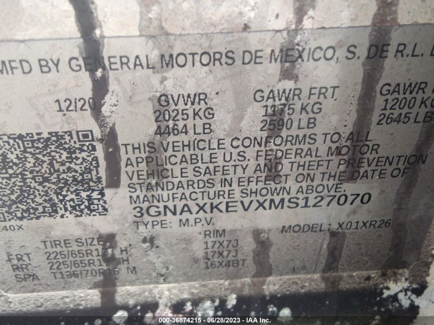 2021 CHEVROLET EQUINOX LT - 3GNAXKEVXMS127070