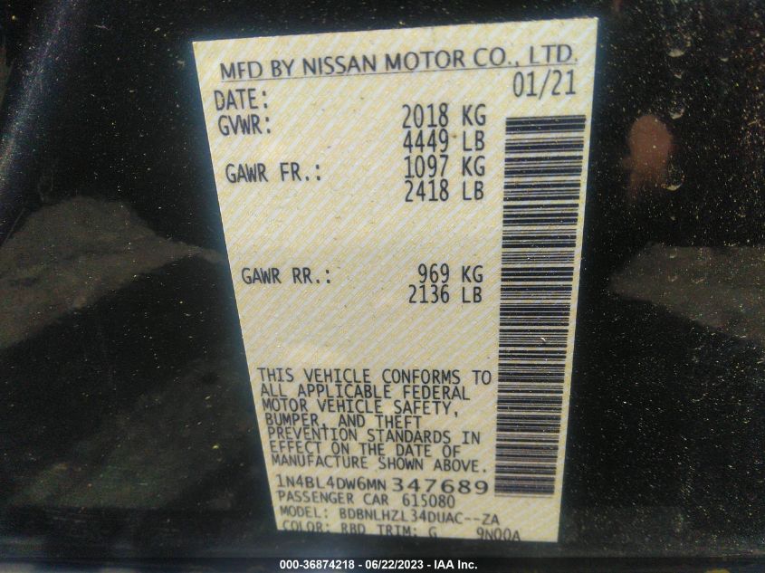 2021 NISSAN ALTIMA 2.5 SV - 1N4BL4DW6MN347689