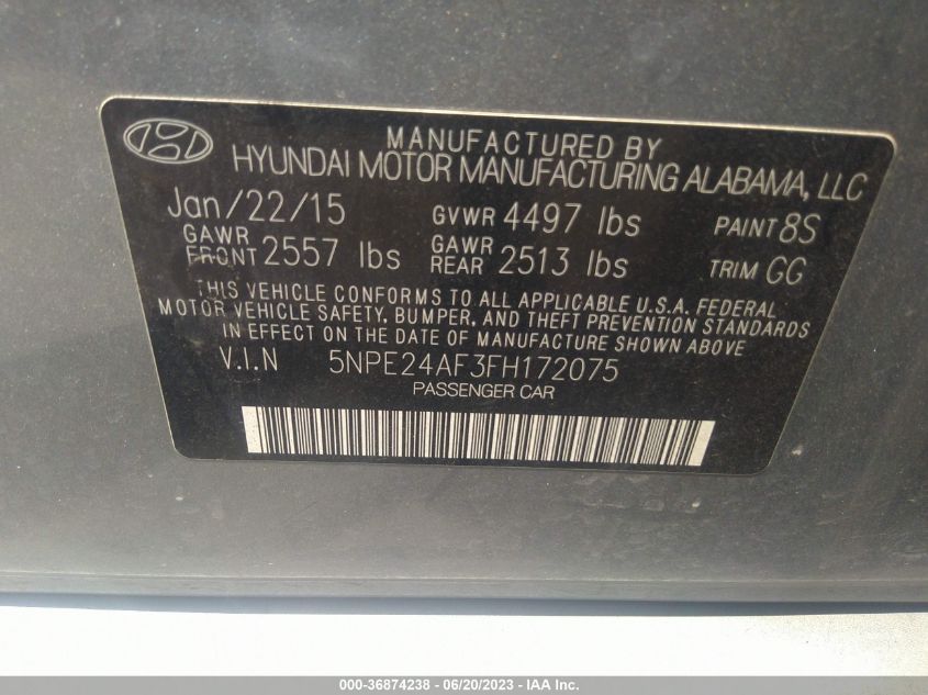 2015 HYUNDAI SONATA SE - 5NPE24AF3FH172075