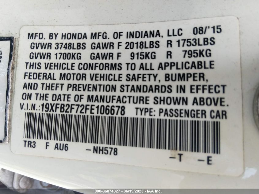 2015 HONDA CIVIC SEDAN SE - 19XFB2F72FE106678