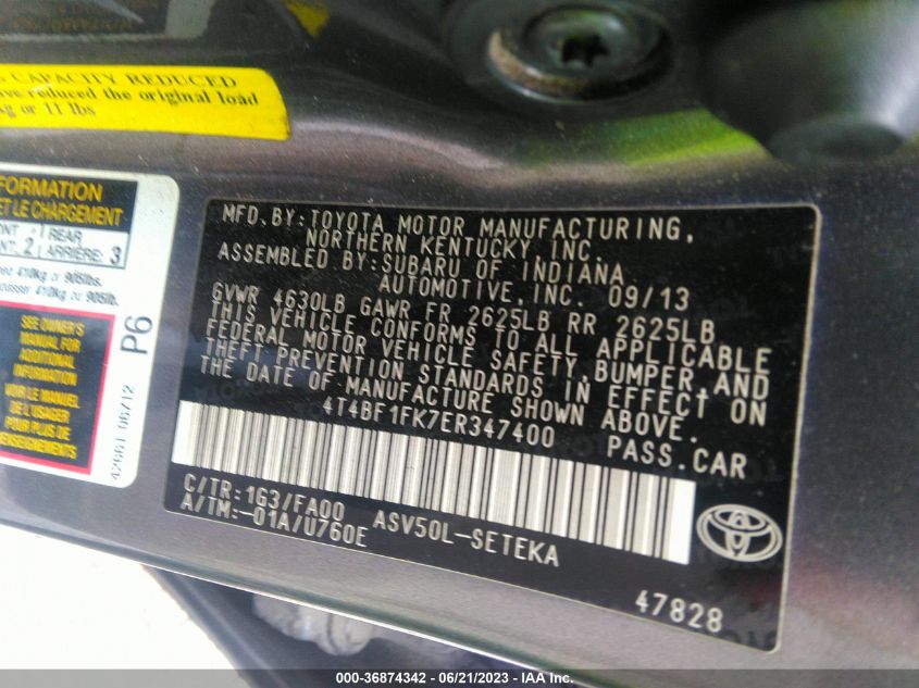 2014 TOYOTA CAMRY L/LE/XLE/SE/SE SPORT - 4T4BF1FK7ER347400