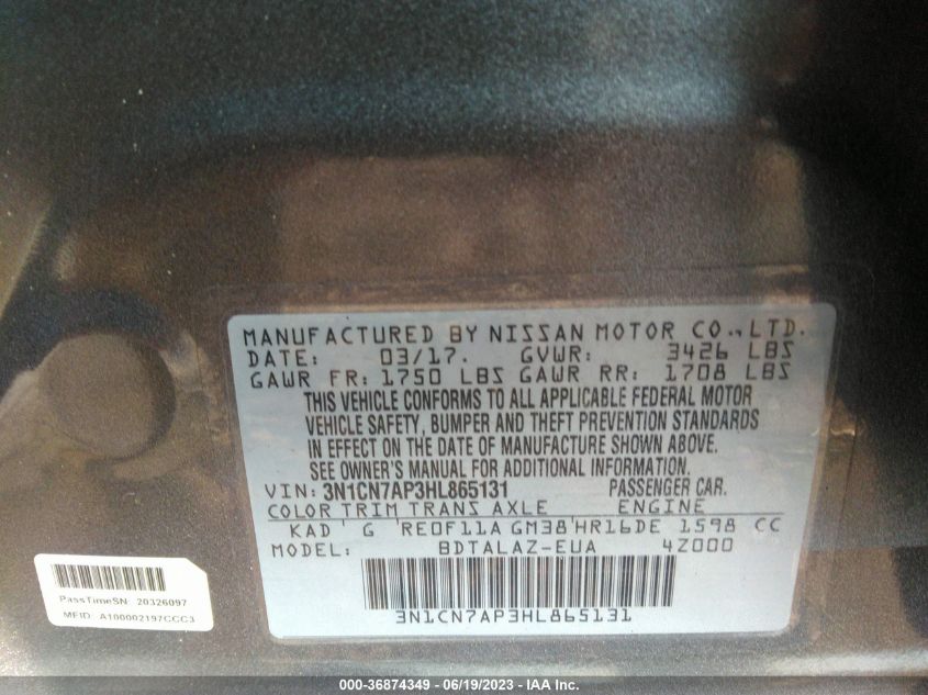 2017 NISSAN VERSA SEDAN S PLUS - 3N1CN7AP3HL865131