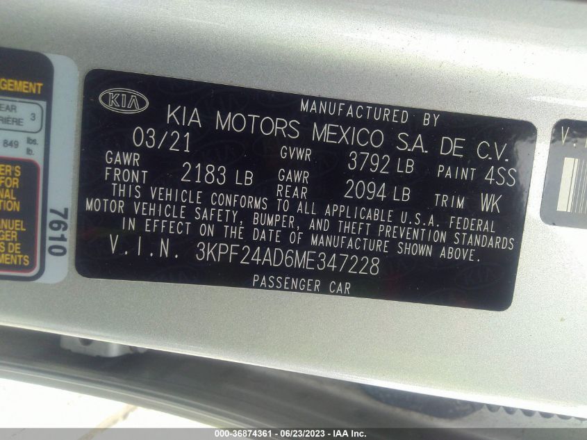 2021 KIA FORTE LXS - 3KPF24AD6ME347228