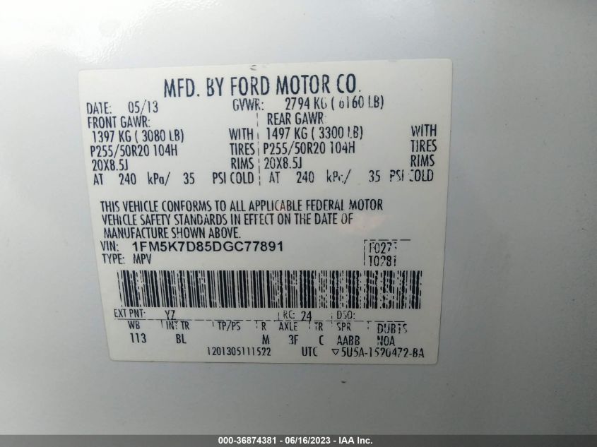 2013 FORD EXPLORER XLT - 1FM5K7D85DGC77891
