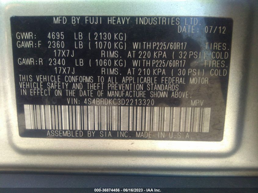 2013 SUBARU OUTBACK 3.6R LIMITED - 4S4BRDKC3D2213320