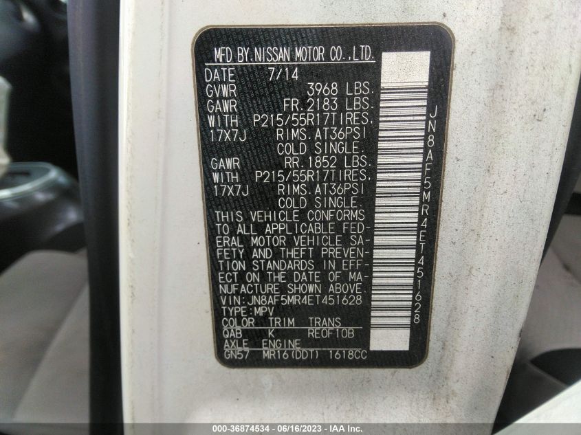 2014 NISSAN JUKE SV - JN8AF5MR4ET451628