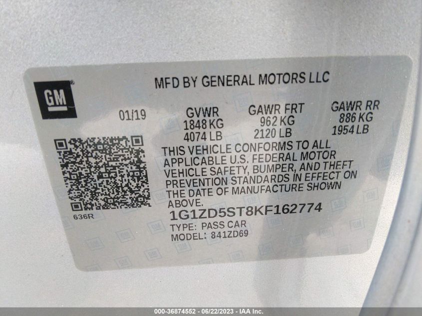 2019 CHEVROLET MALIBU LT - 1G1ZD5ST8KF162774