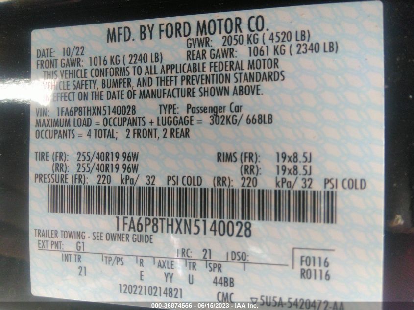 2022 FORD MUSTANG ECOBOOST - 1FA6P8THXN5140028