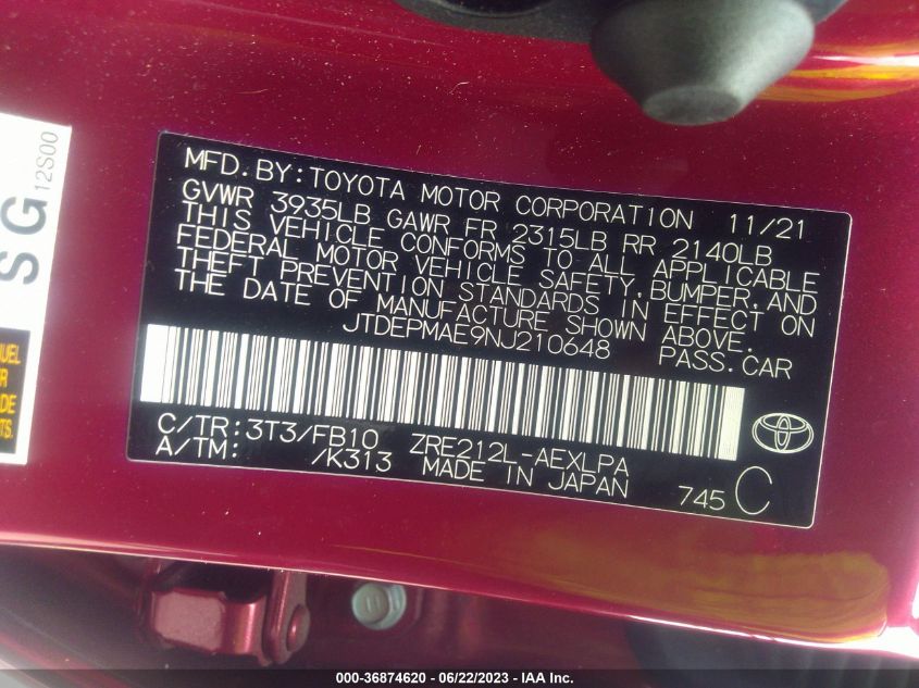 2022 TOYOTA COROLLA LE - JTDEPMAE9NJ210648