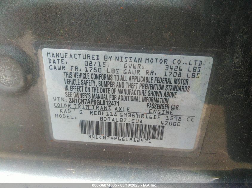 2016 NISSAN VERSA S/S PLUS/SL/SV - 3N1CN7AP6GL812471