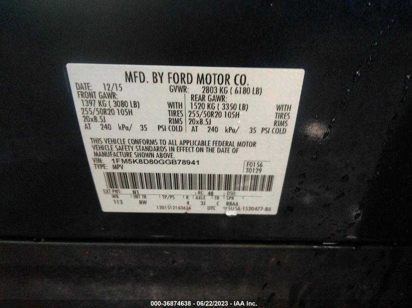 2016 FORD EXPLORER XLT - 1FM5K8D80GGB78941