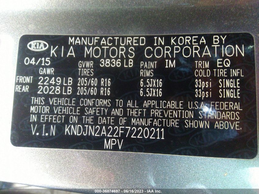2015 KIA SOUL BASE - KNDJN2A22F7220211